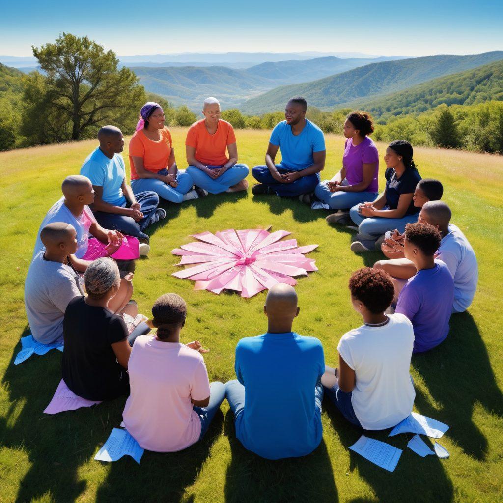 A diverse group of individuals sitting in a circle, sharing their stories and supporting each other, surrounded by symbols of cancer awareness like ribbons and informational pamphlets. The background features a bright, optimistic landscape representing hope and community. The image conveys warmth, empathy, and connection among the participants. super-realistic. vibrant colors. clear blue sky.