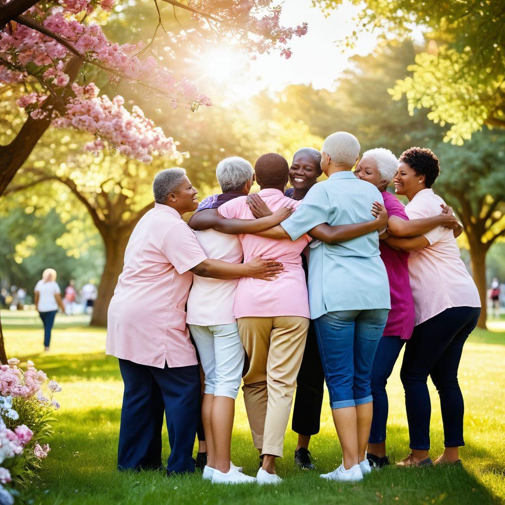 A warm and compassionate scene depicting a diverse group of cancer survivors embracing each other in a park, surrounded by blooming flowers and sunlight, symbolizing hope and empowerment. Include elements like supportive caregivers and healthcare professionals in the background, and motivational quotes subtly incorporated into the environment. The image should evoke feelings of strength, community, and resilience. vibrant colors. soft focus.