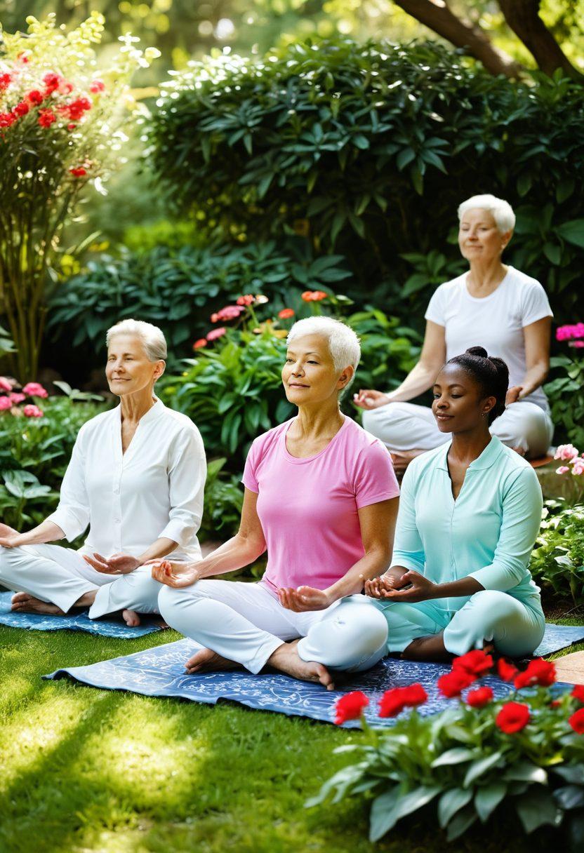 A serene, sunlit garden featuring a diverse group of cancer survivors, each engaging in activities like meditation, yoga, and gardening. Surround them with vibrant flowers, lush greenery, and gentle butterflies to symbolize hope and renewal. Include elements of holistic wellness such as herbal teas and wellness journals scattered around. The atmosphere should radiate warmth, strength, and positivity. super-realistic. vibrant colors. soft focus.